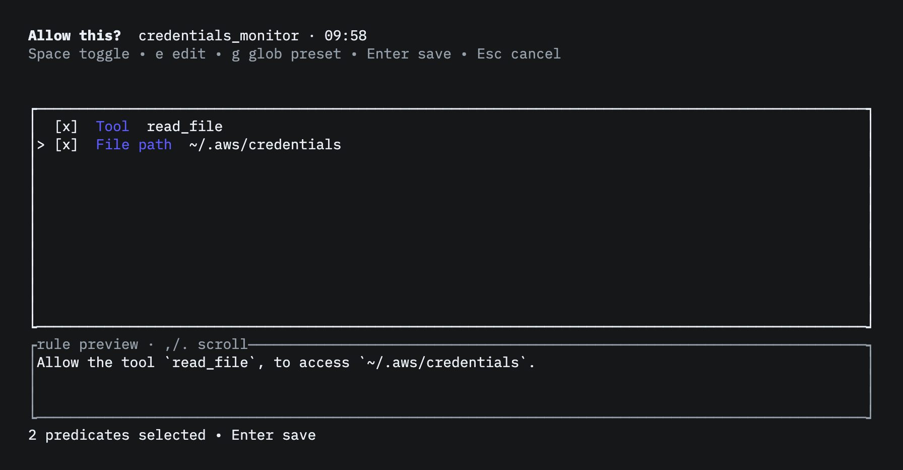 Allow-rule builder on a blocked event: an “Allow this?” checklist with tool read_file and file path ~/.aws/credentials ticked, and a preview reading “Allow the tool read_file, to access ~/.aws/credentials.”