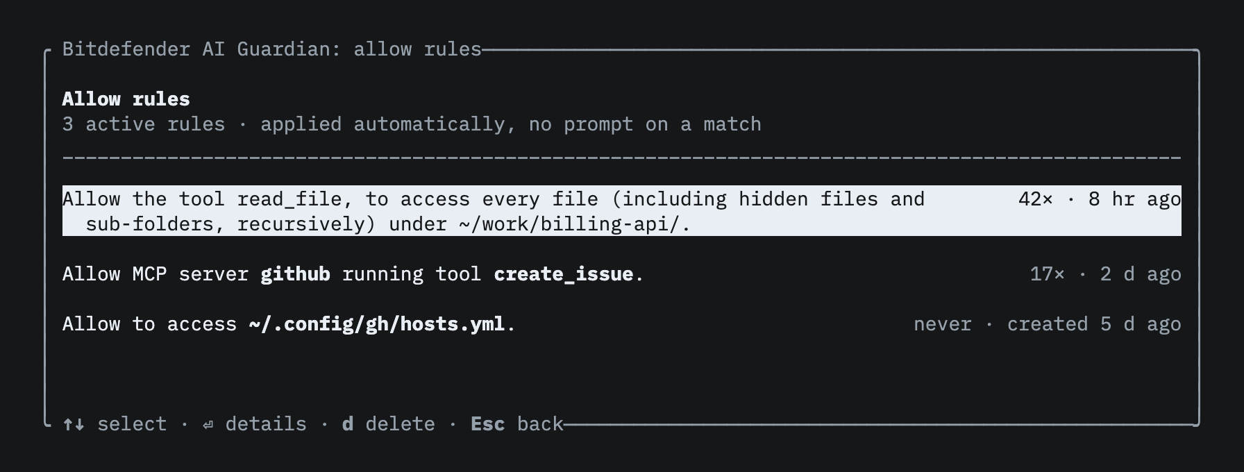 Allow rules browser: three rules in plain language — a tool allowed under a project folder, an MCP server tool pairing, and one file path — with hit counts.