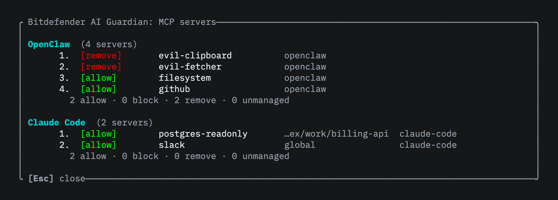 aiguardian mcp status: OpenClaw servers listed with allow and remove actions; Claude Code servers all allowed, including a per-project scope.