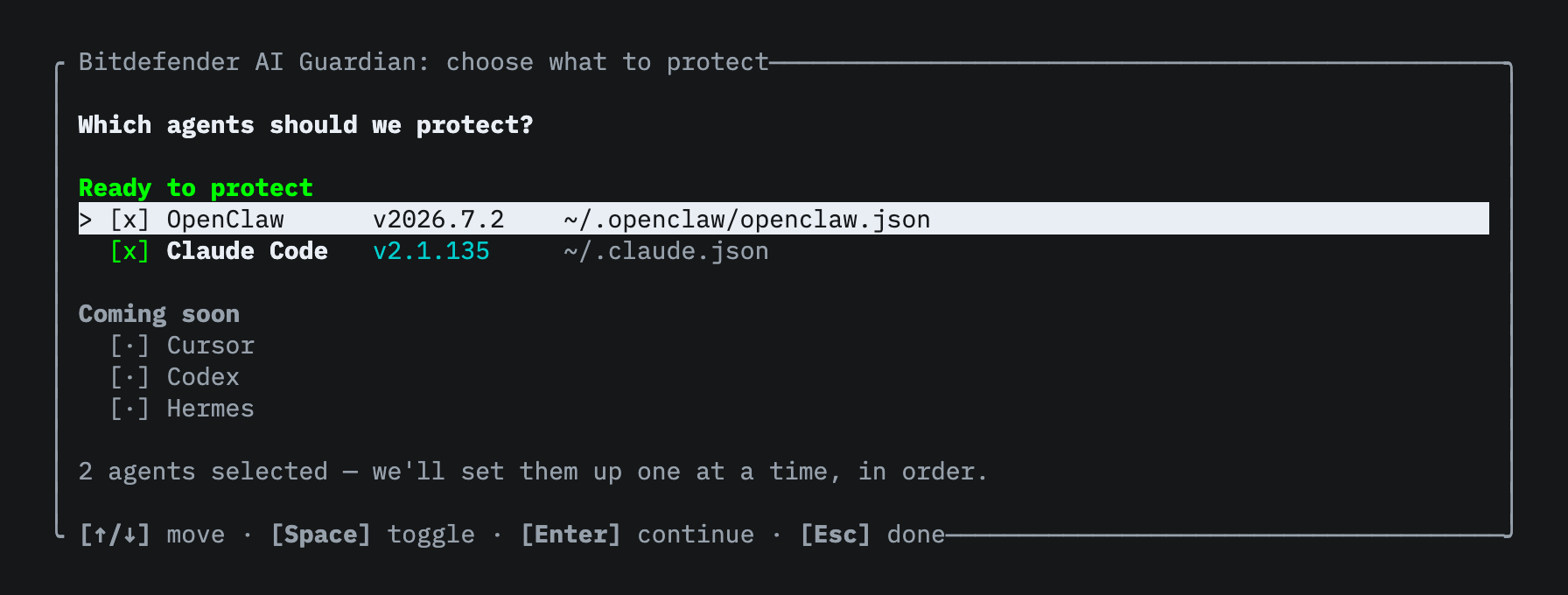 Agent picker listing OpenClaw and Claude Code with versions and config paths, both selected, and a “coming soon” list below.