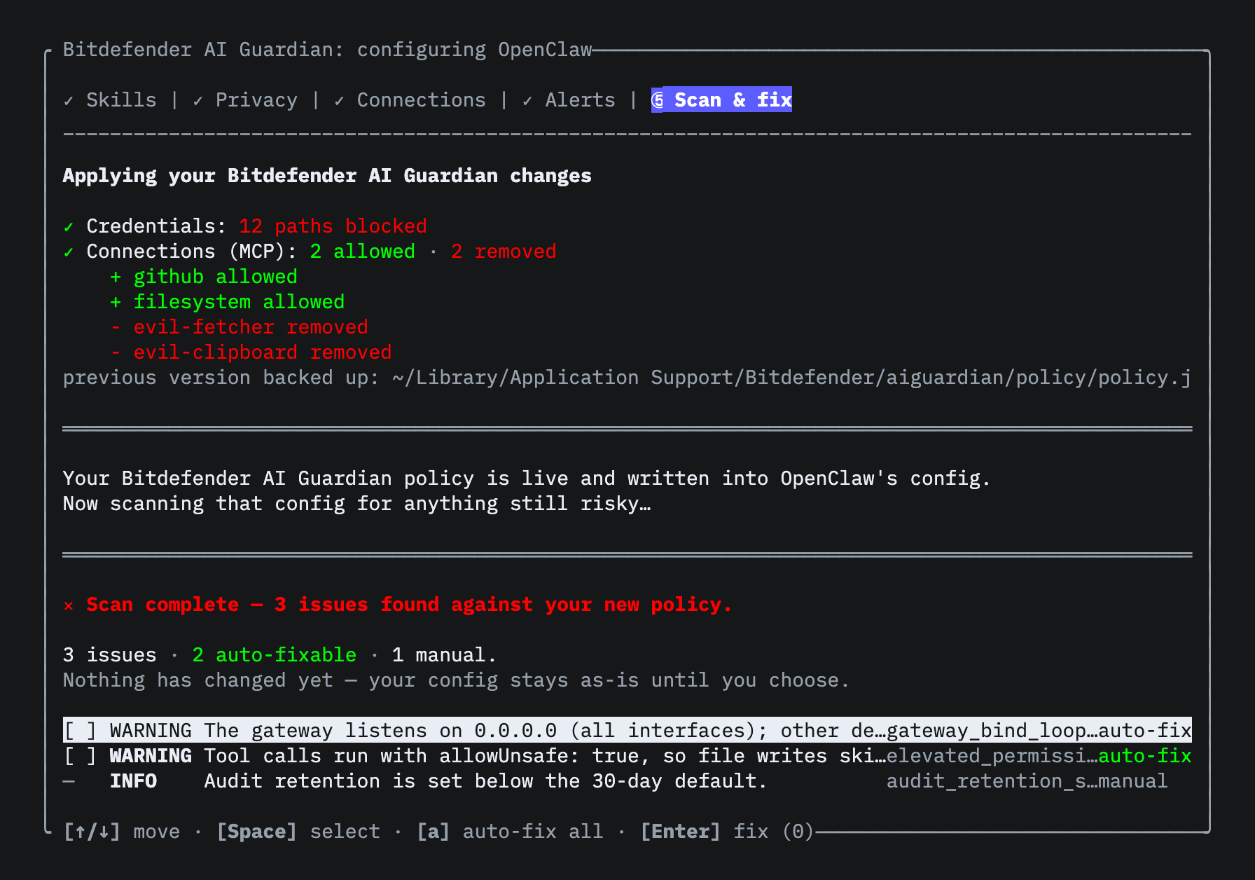 Apply summary: credentials blocked, MCP decisions written with a backup of the previous policy, then a scan finding three issues, two auto-fixable.