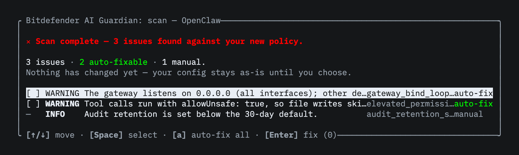 aiguardian scan results for OpenClaw: three issues, two auto-fixable warnings about network exposure and unsafe tool calls, one manual info item.